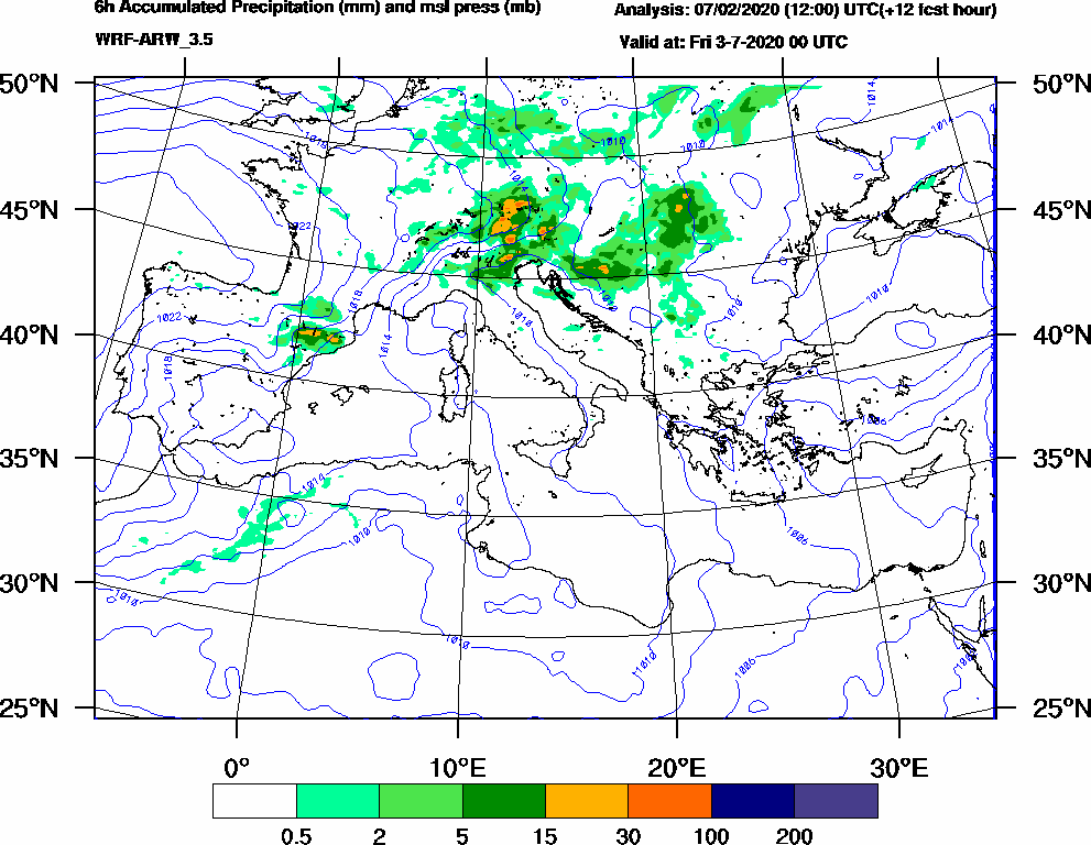 6h Accumulated Precipitation (mm) and msl press (mb) - 2020-07-02 18:00