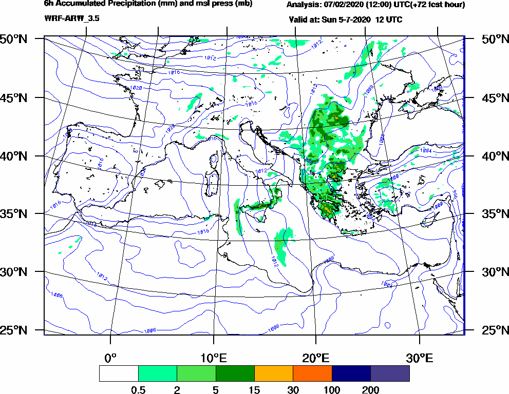 6h Accumulated Precipitation (mm) and msl press (mb) - 2020-07-05 06:00