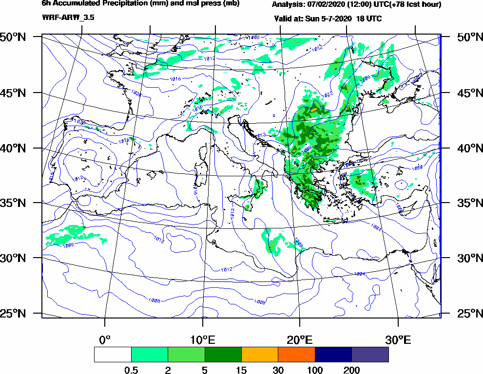 6h Accumulated Precipitation (mm) and msl press (mb) - 2020-07-05 12:00