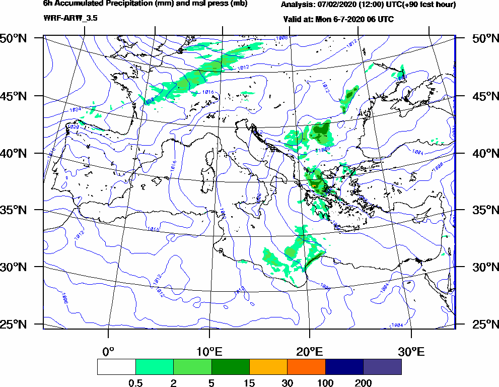 6h Accumulated Precipitation (mm) and msl press (mb) - 2020-07-06 00:00