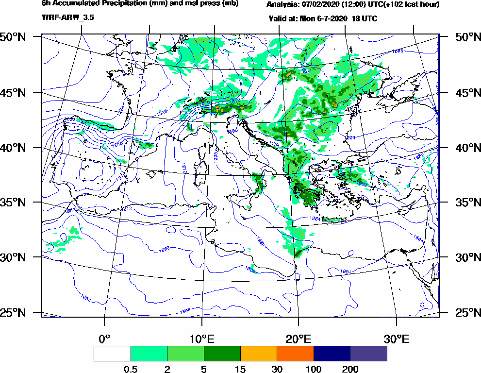 6h Accumulated Precipitation (mm) and msl press (mb) - 2020-07-06 12:00