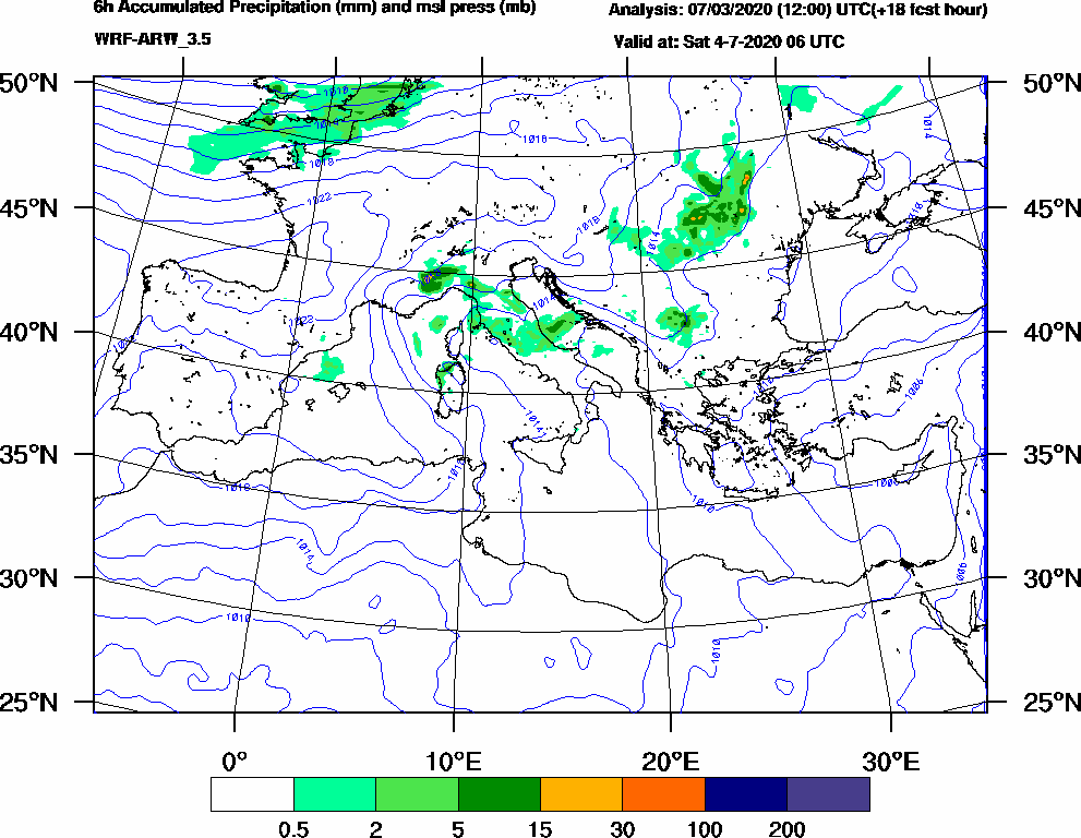 6h Accumulated Precipitation (mm) and msl press (mb) - 2020-07-04 00:00