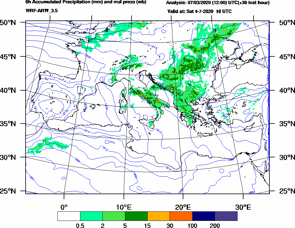 6h Accumulated Precipitation (mm) and msl press (mb) - 2020-07-04 12:00