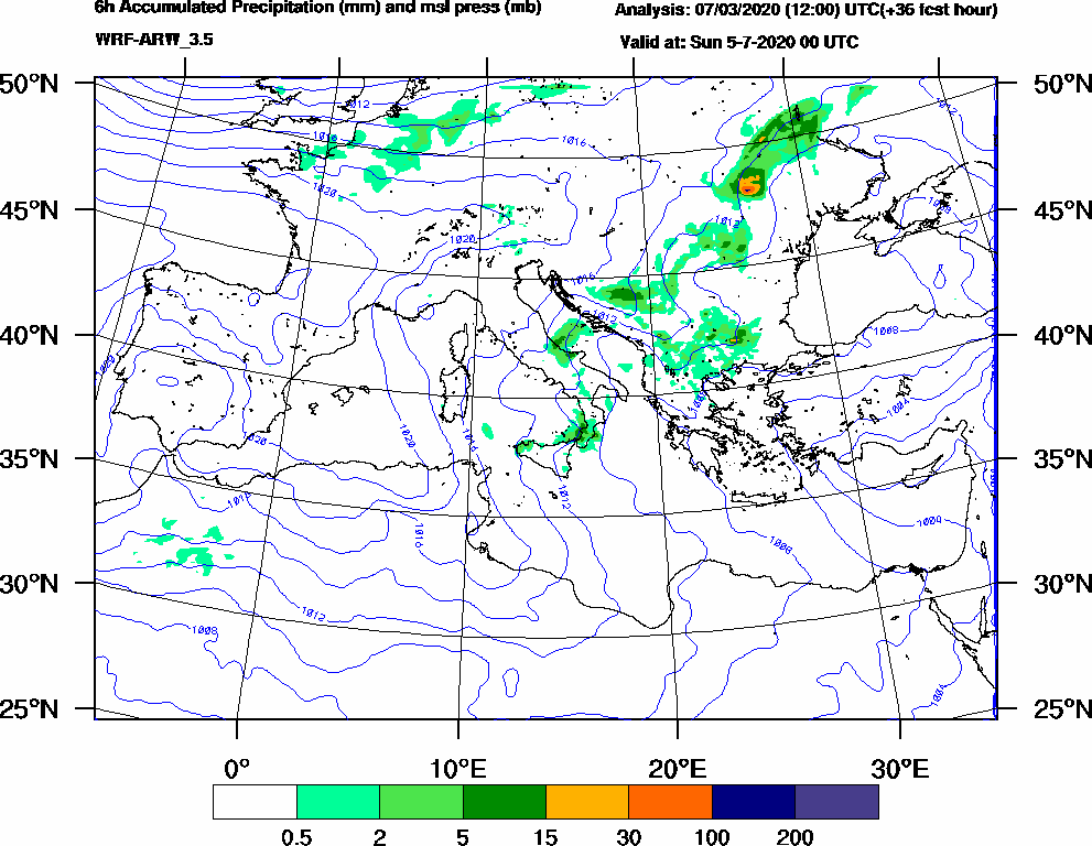 6h Accumulated Precipitation (mm) and msl press (mb) - 2020-07-04 18:00