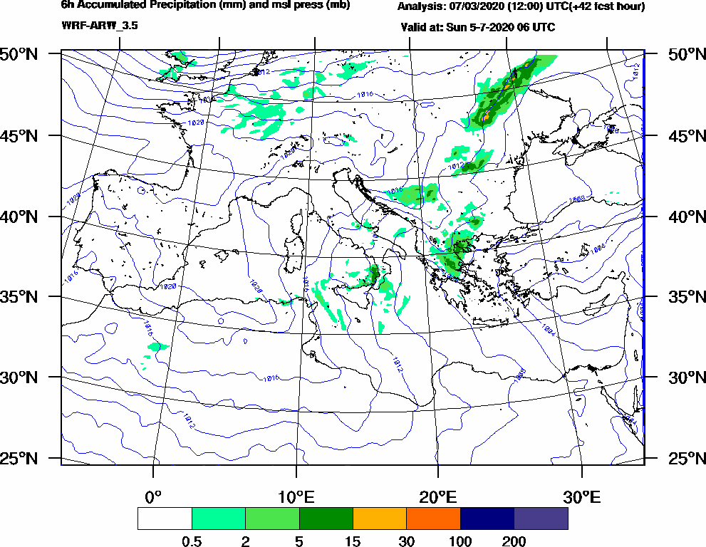 6h Accumulated Precipitation (mm) and msl press (mb) - 2020-07-05 00:00