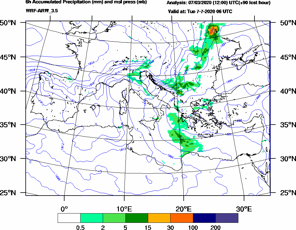 6h Accumulated Precipitation (mm) and msl press (mb) - 2020-07-07 00:00