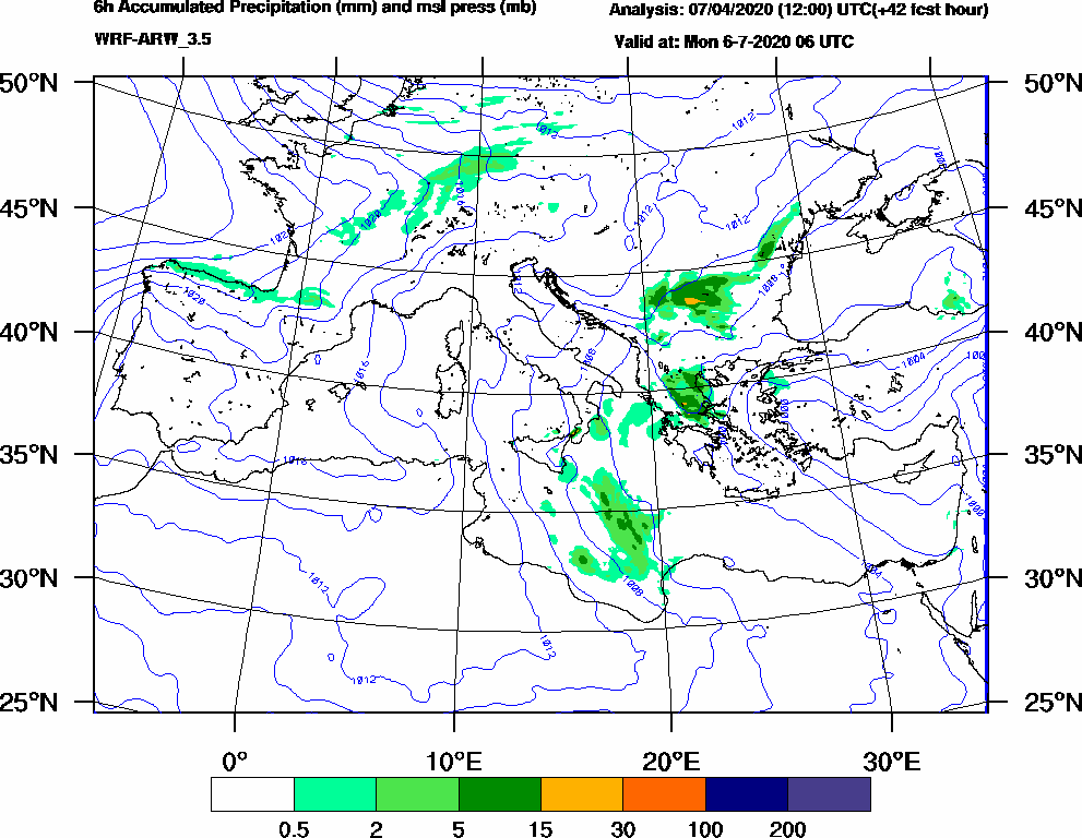6h Accumulated Precipitation (mm) and msl press (mb) - 2020-07-06 00:00