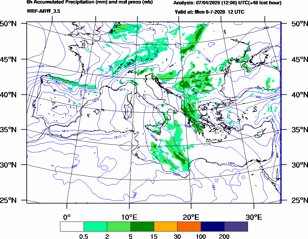 6h Accumulated Precipitation (mm) and msl press (mb) - 2020-07-06 06:00