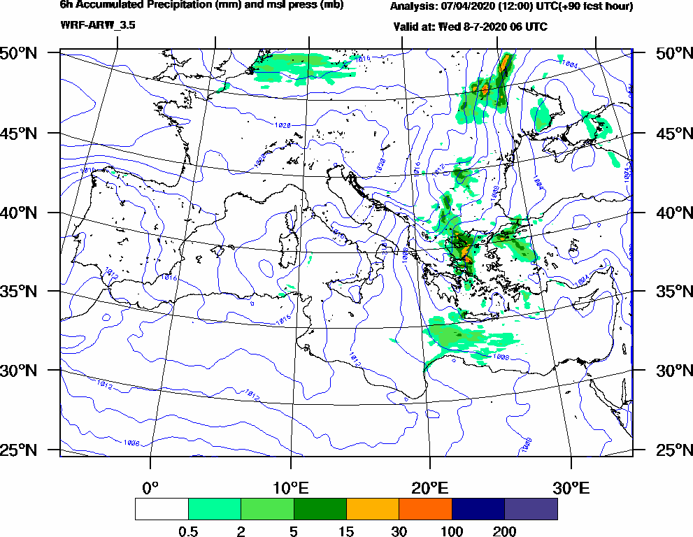 6h Accumulated Precipitation (mm) and msl press (mb) - 2020-07-08 00:00