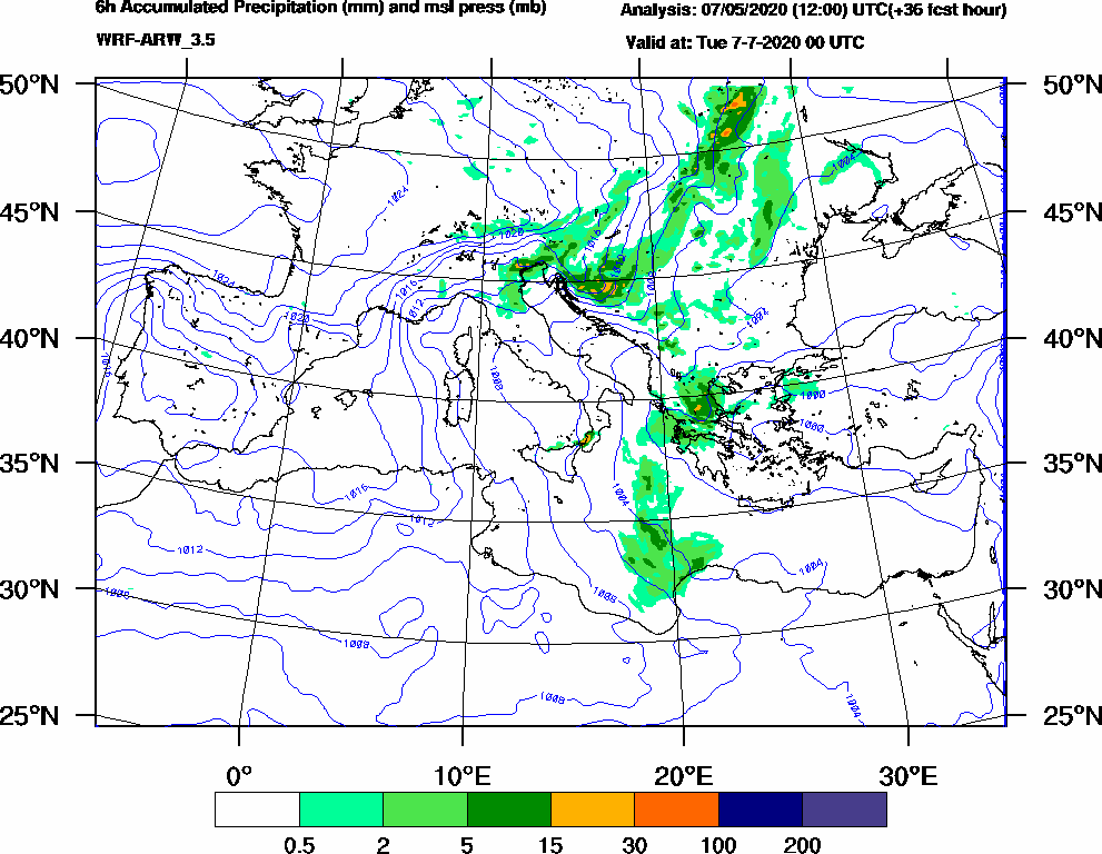 6h Accumulated Precipitation (mm) and msl press (mb) - 2020-07-06 18:00