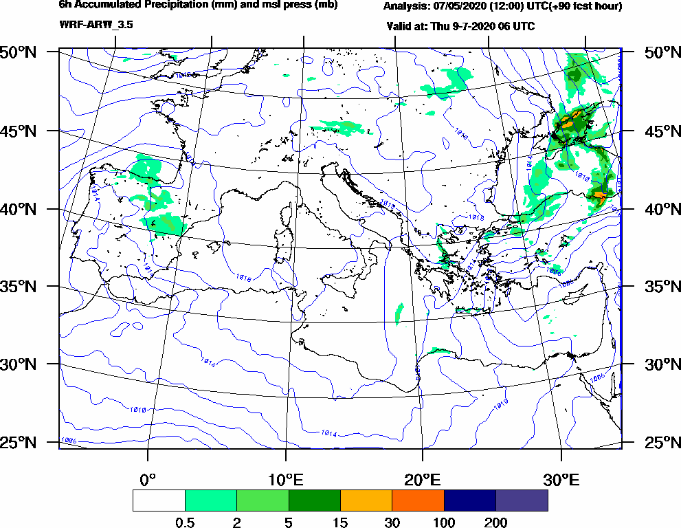 6h Accumulated Precipitation (mm) and msl press (mb) - 2020-07-09 00:00