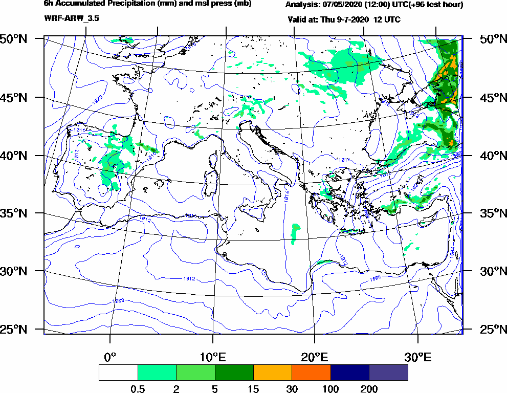 6h Accumulated Precipitation (mm) and msl press (mb) - 2020-07-09 06:00