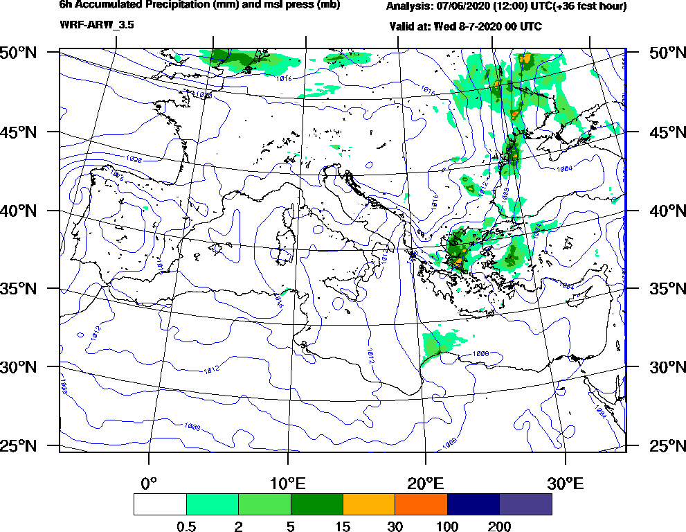 6h Accumulated Precipitation (mm) and msl press (mb) - 2020-07-07 18:00