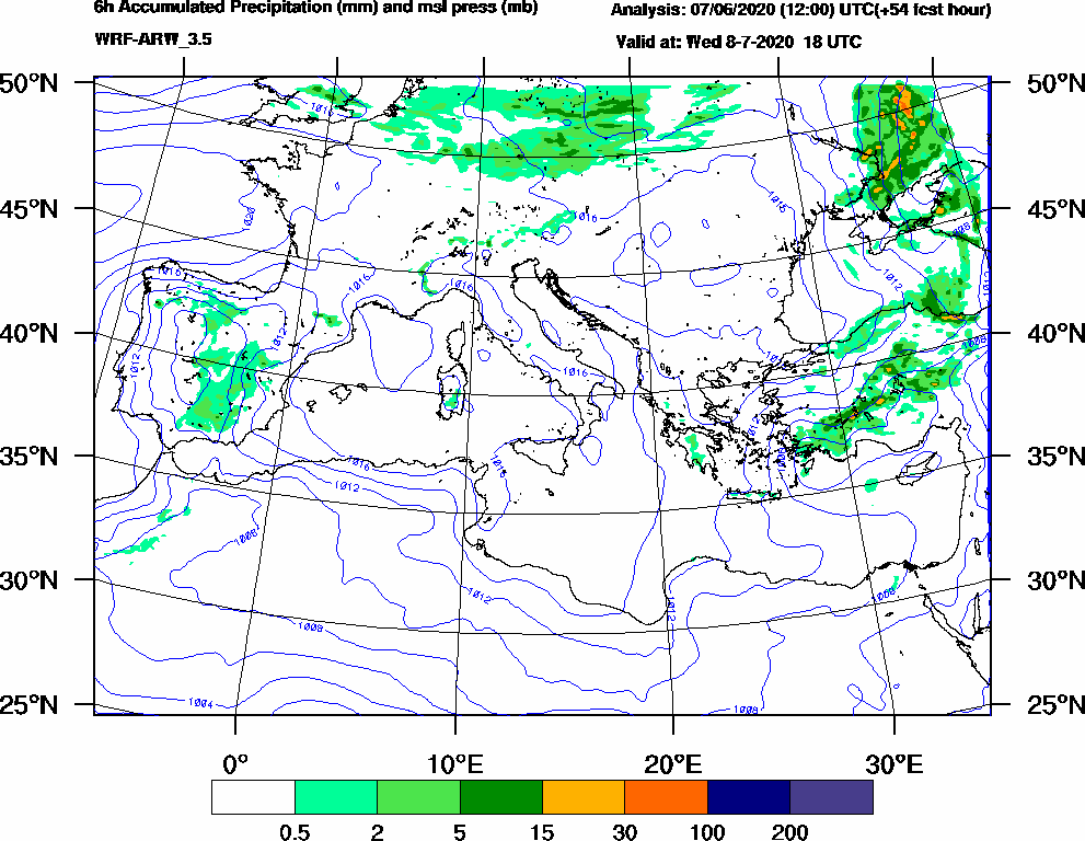 6h Accumulated Precipitation (mm) and msl press (mb) - 2020-07-08 12:00