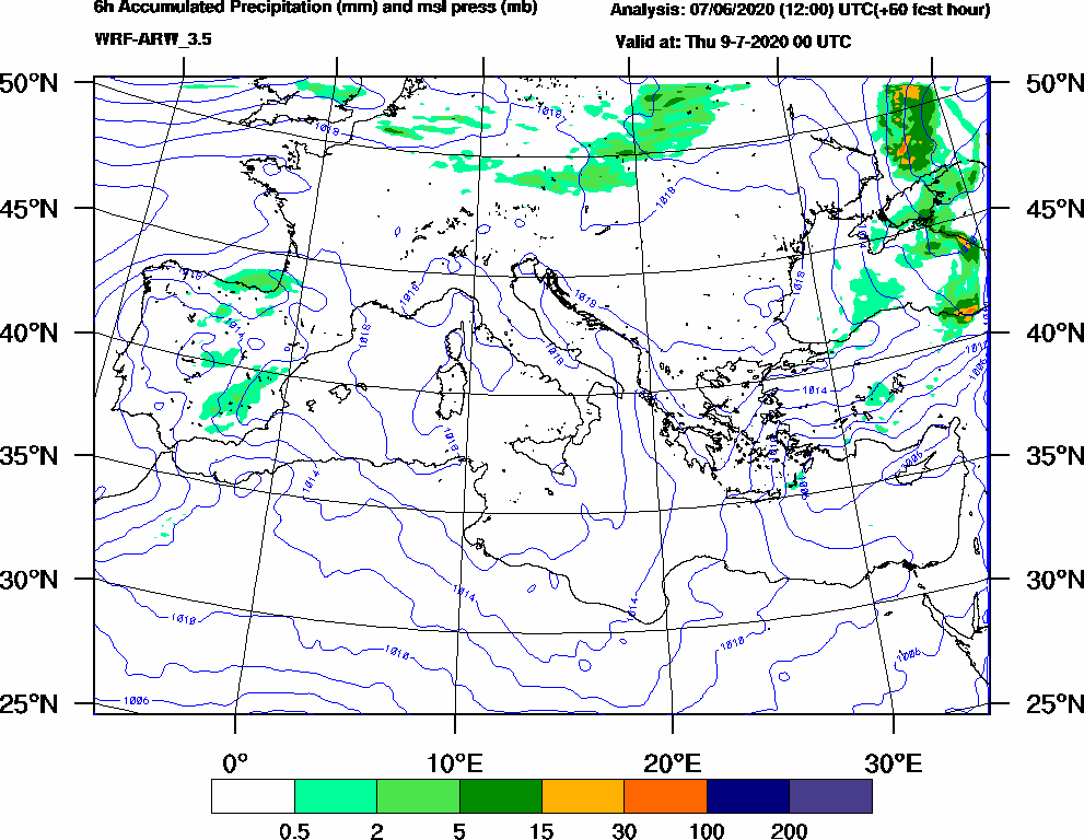 6h Accumulated Precipitation (mm) and msl press (mb) - 2020-07-08 18:00