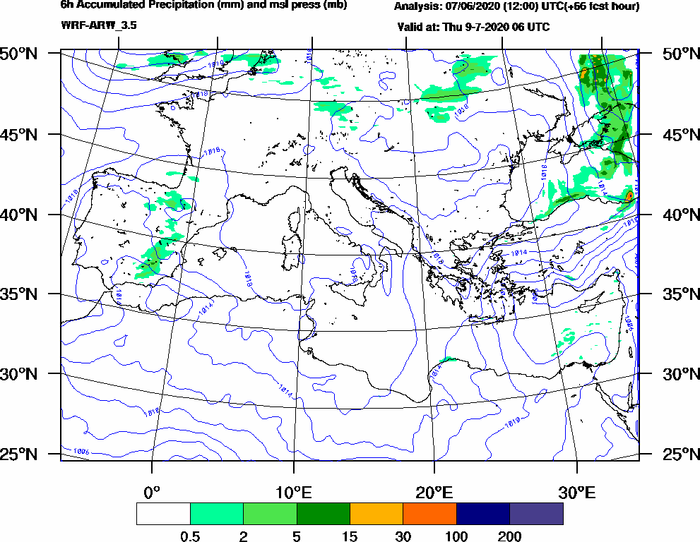 6h Accumulated Precipitation (mm) and msl press (mb) - 2020-07-09 00:00