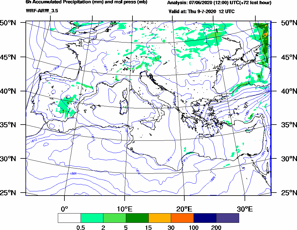 6h Accumulated Precipitation (mm) and msl press (mb) - 2020-07-09 06:00