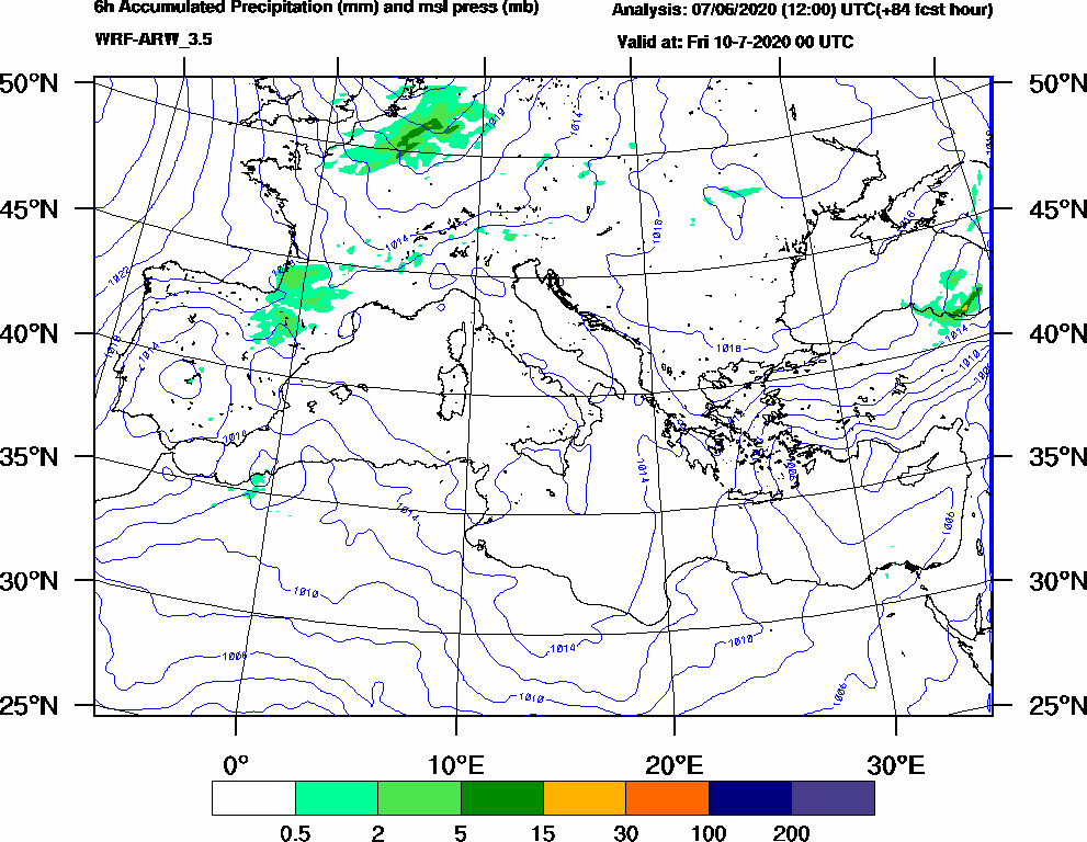 6h Accumulated Precipitation (mm) and msl press (mb) - 2020-07-09 18:00