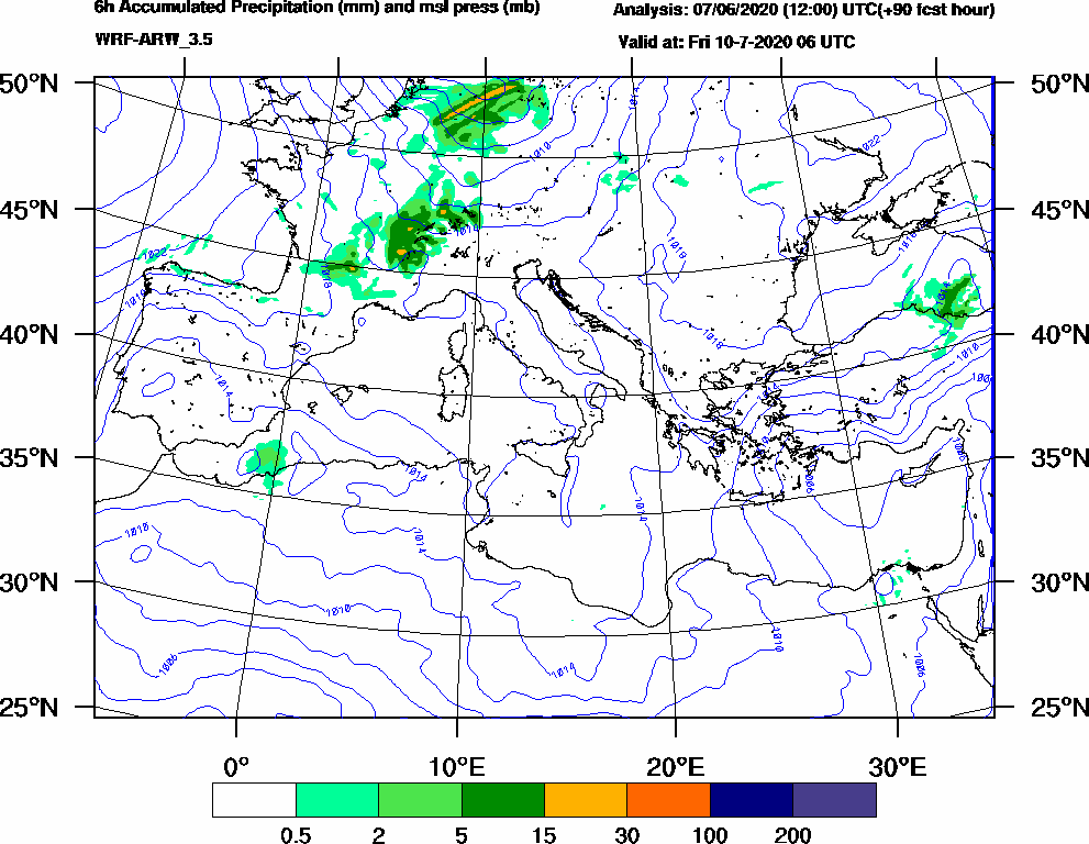 6h Accumulated Precipitation (mm) and msl press (mb) - 2020-07-10 00:00