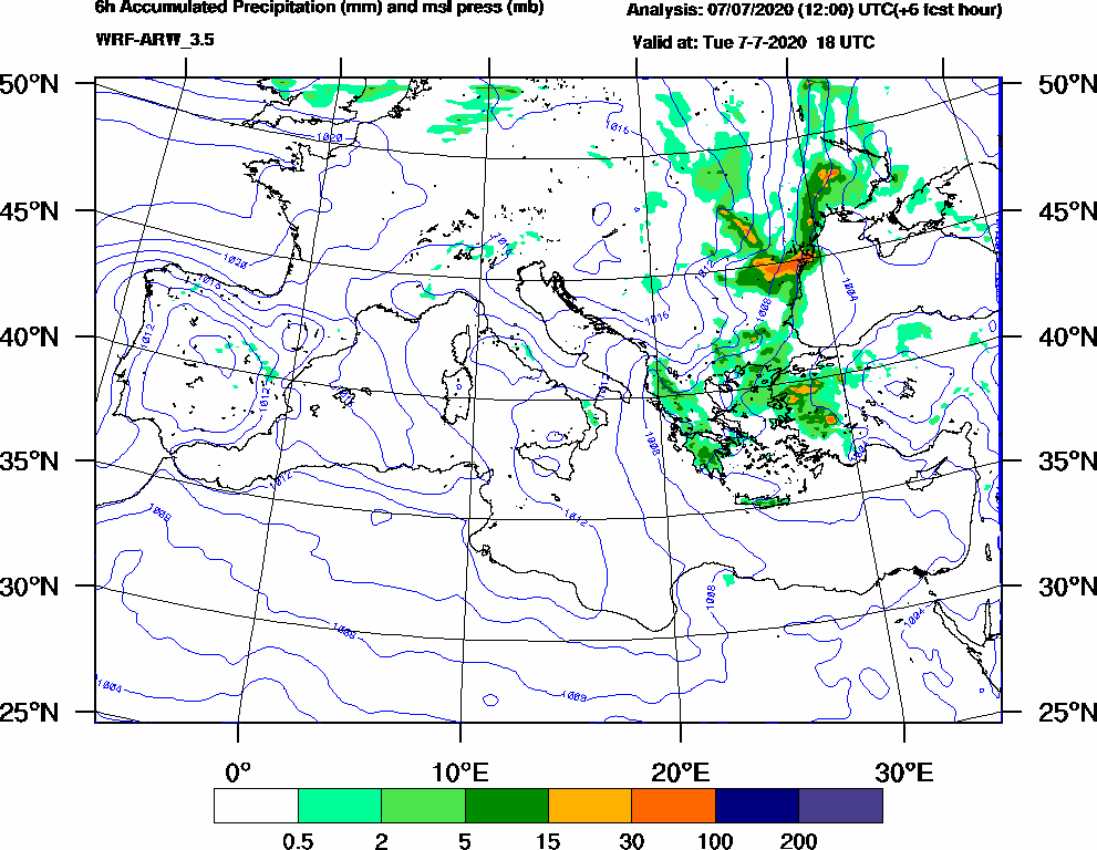 6h Accumulated Precipitation (mm) and msl press (mb) - 2020-07-07 12:00