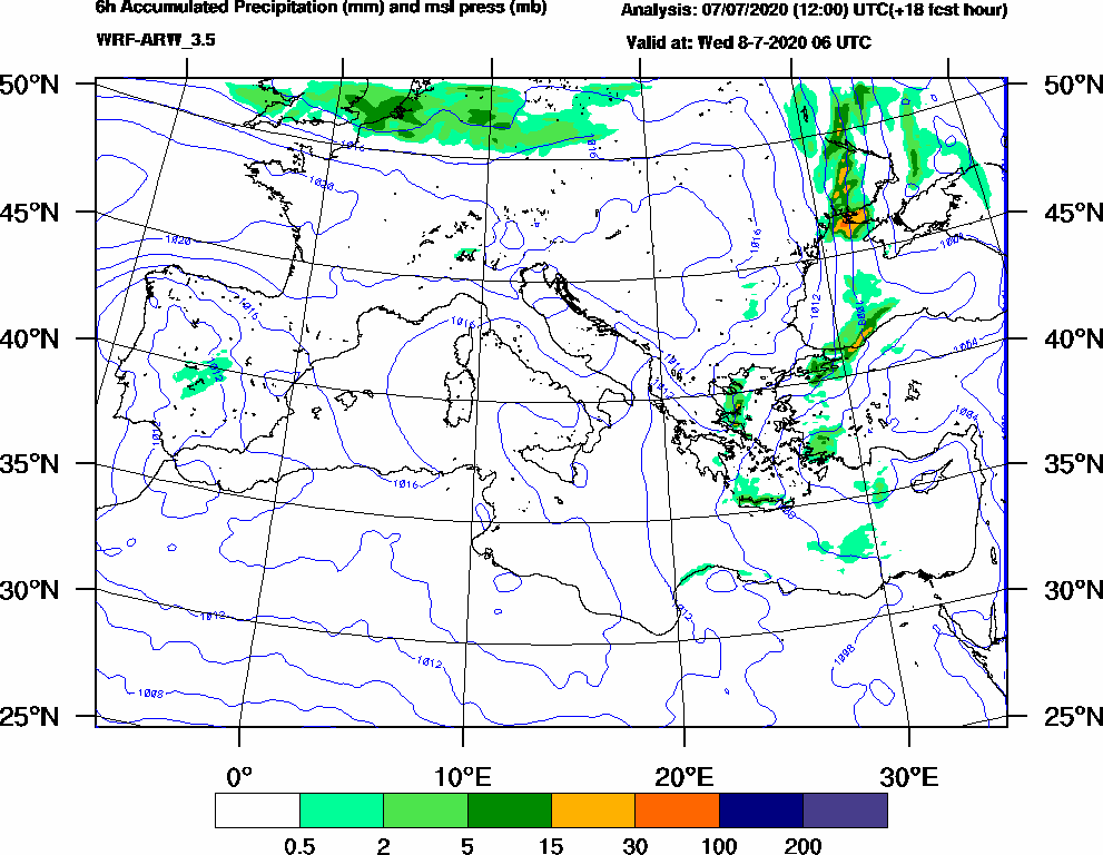 6h Accumulated Precipitation (mm) and msl press (mb) - 2020-07-08 00:00