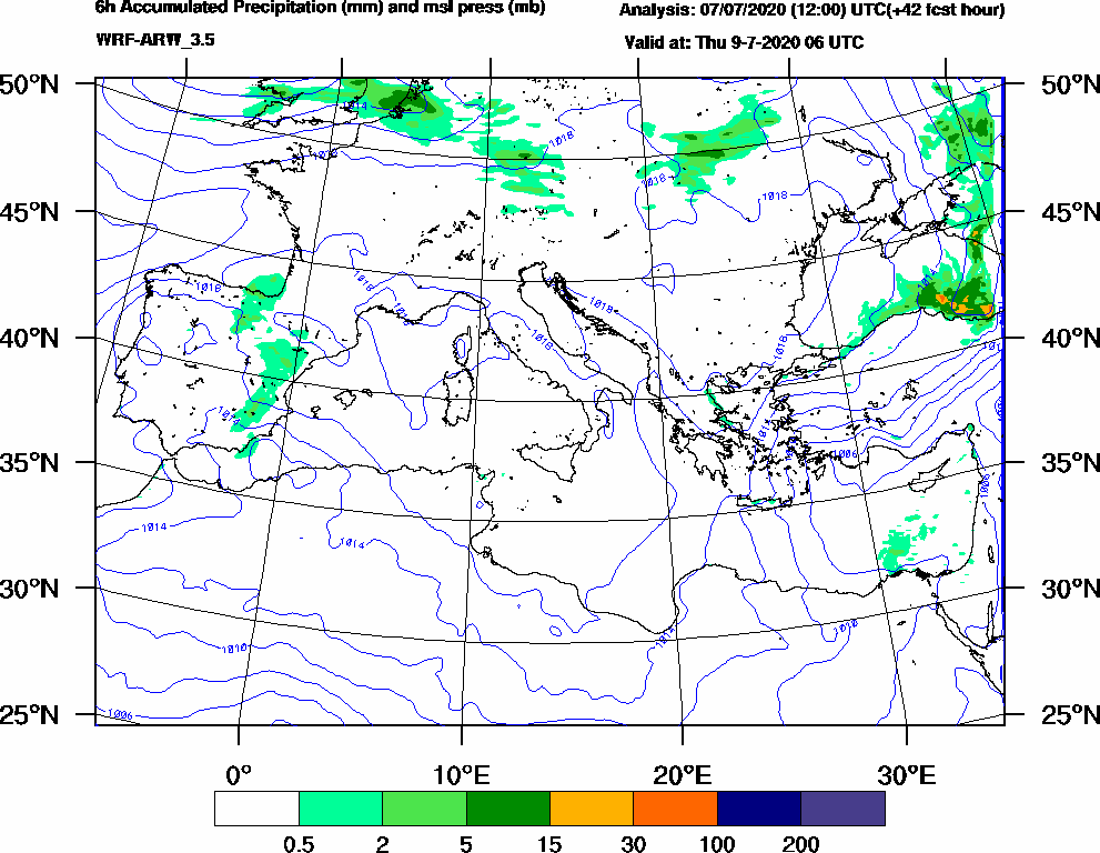 6h Accumulated Precipitation (mm) and msl press (mb) - 2020-07-09 00:00