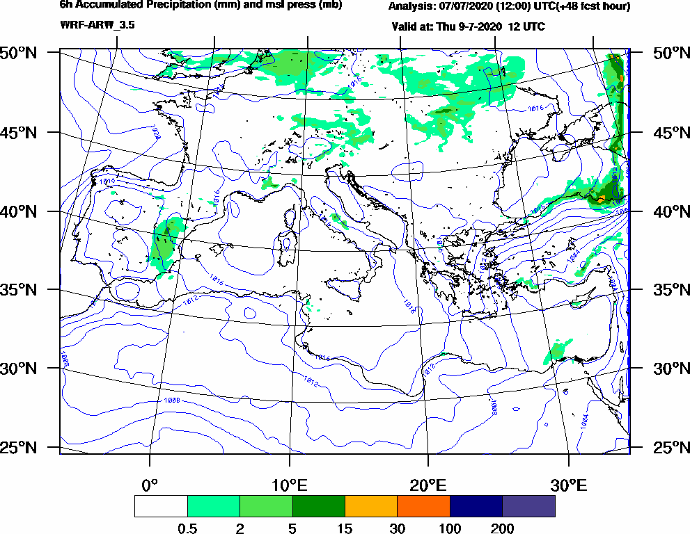 6h Accumulated Precipitation (mm) and msl press (mb) - 2020-07-09 06:00