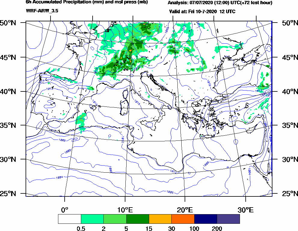6h Accumulated Precipitation (mm) and msl press (mb) - 2020-07-10 06:00