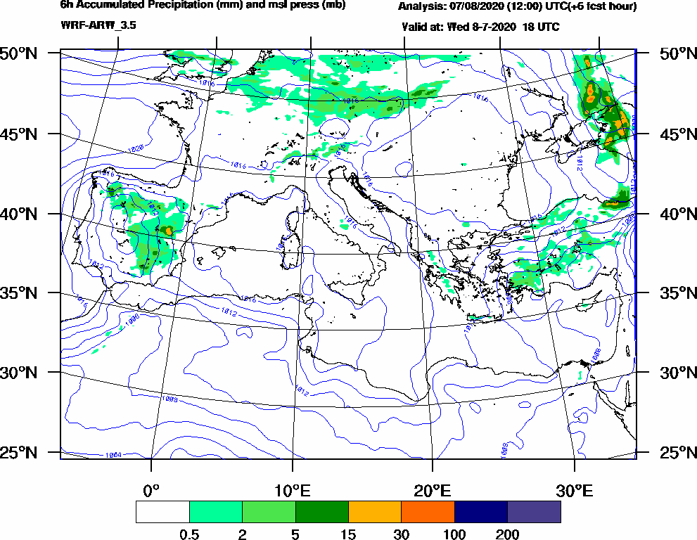 6h Accumulated Precipitation (mm) and msl press (mb) - 2020-07-08 12:00