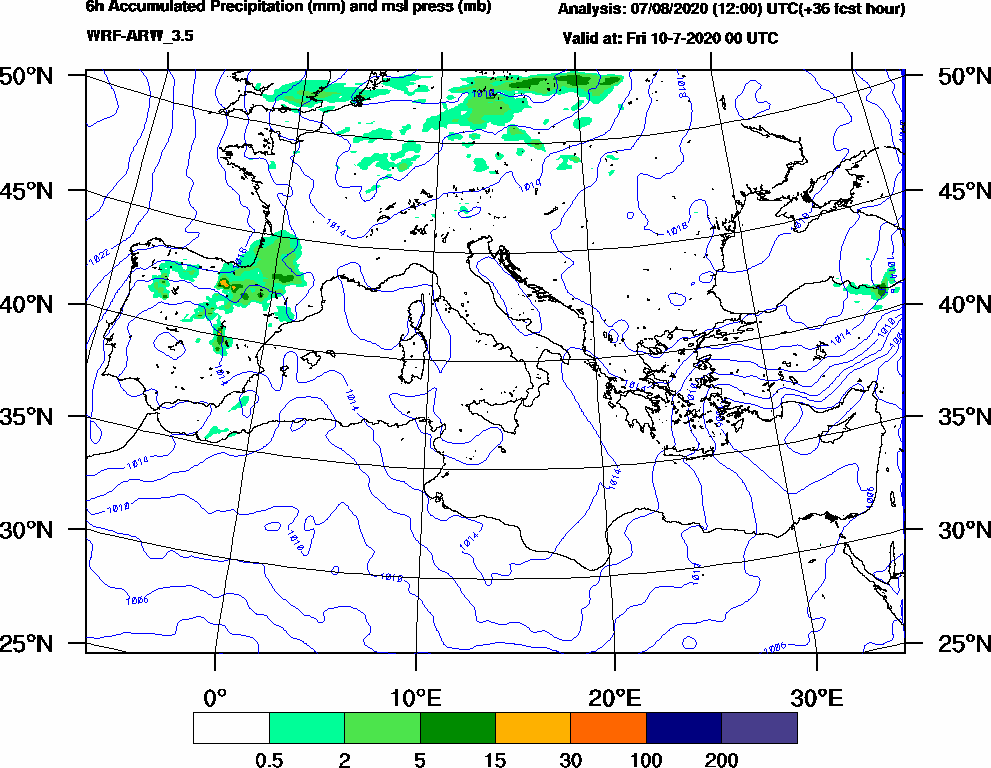 6h Accumulated Precipitation (mm) and msl press (mb) - 2020-07-09 18:00