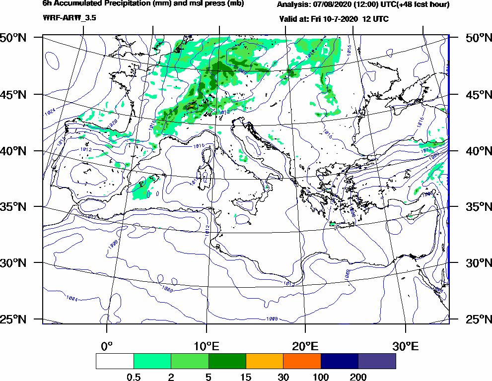 6h Accumulated Precipitation (mm) and msl press (mb) - 2020-07-10 06:00