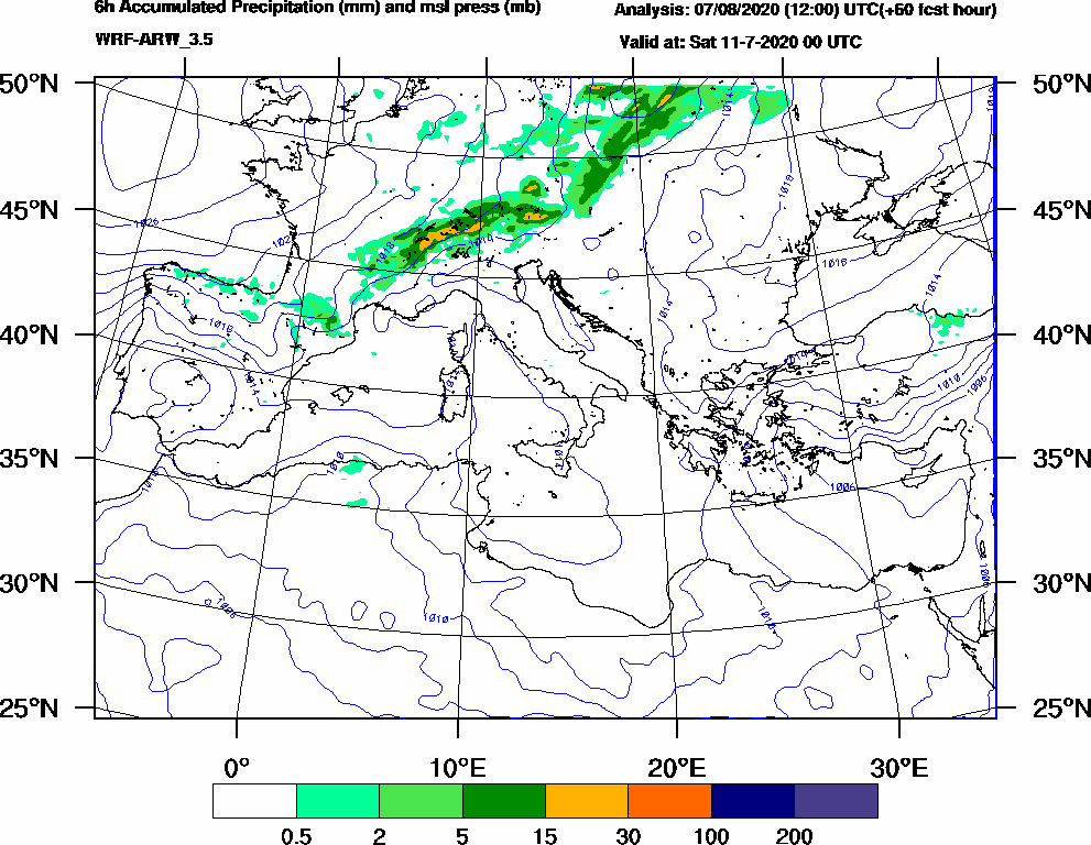 6h Accumulated Precipitation (mm) and msl press (mb) - 2020-07-10 18:00