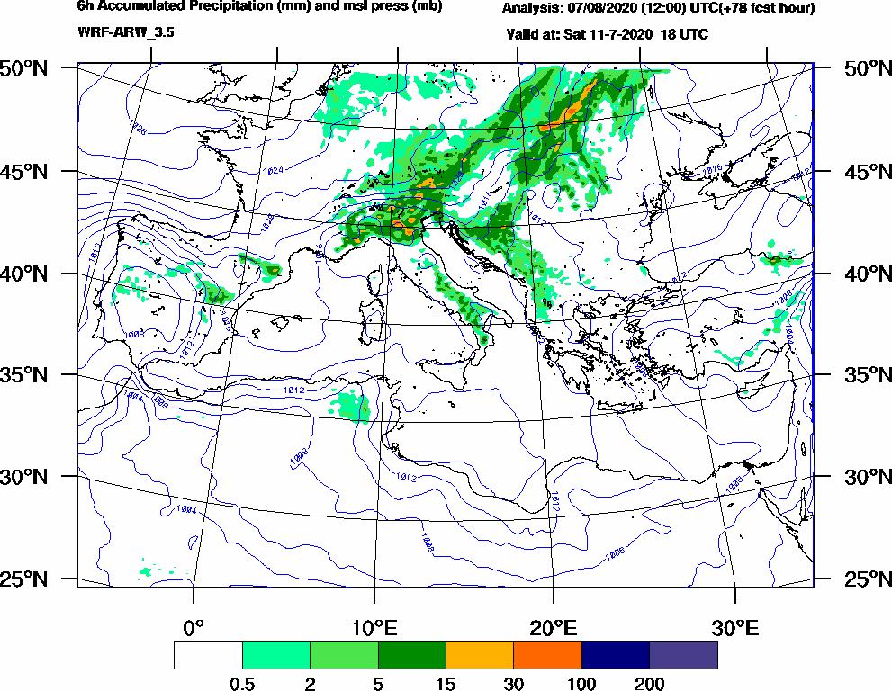 6h Accumulated Precipitation (mm) and msl press (mb) - 2020-07-11 12:00