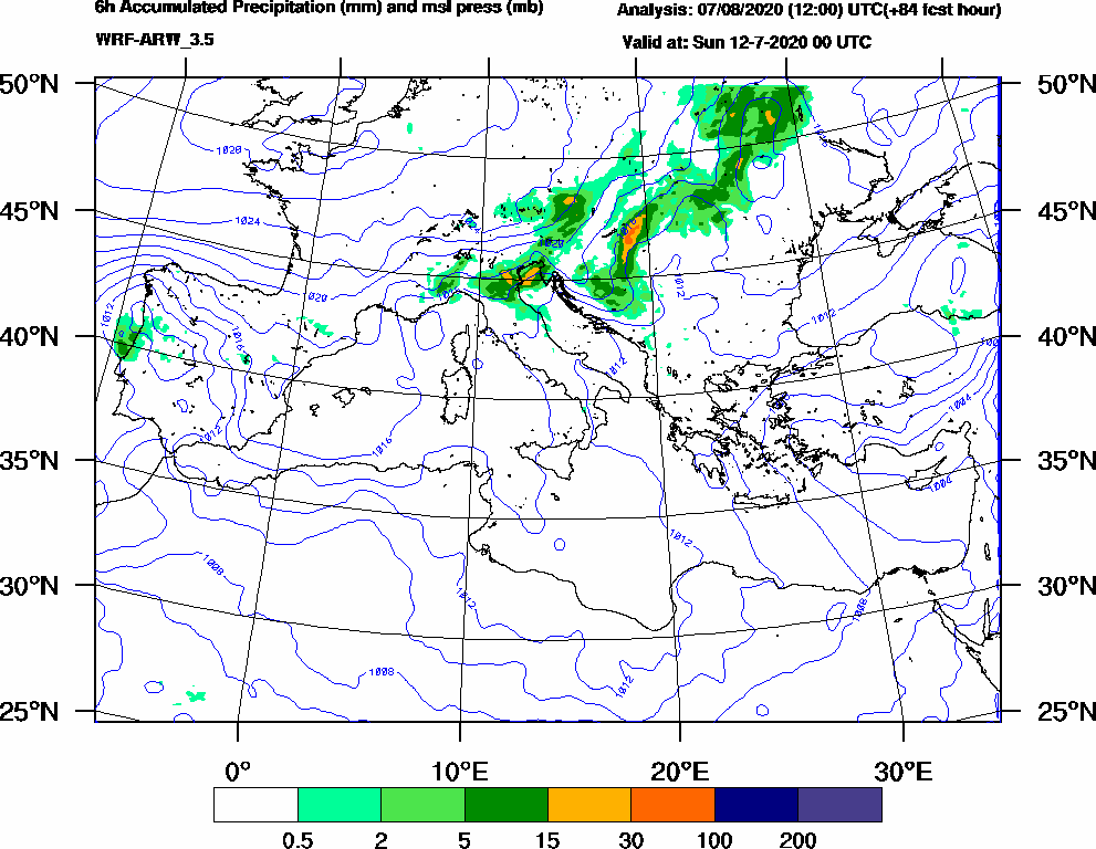 6h Accumulated Precipitation (mm) and msl press (mb) - 2020-07-11 18:00