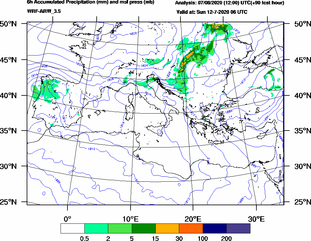 6h Accumulated Precipitation (mm) and msl press (mb) - 2020-07-12 00:00