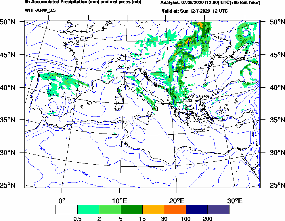 6h Accumulated Precipitation (mm) and msl press (mb) - 2020-07-12 06:00
