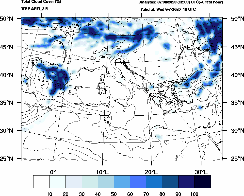 Total cloud cover (%) - 2020-07-08 12:00