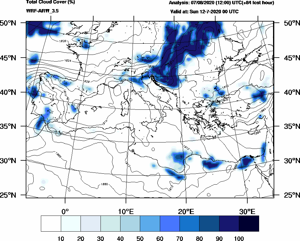 Total cloud cover (%) - 2020-07-11 18:00