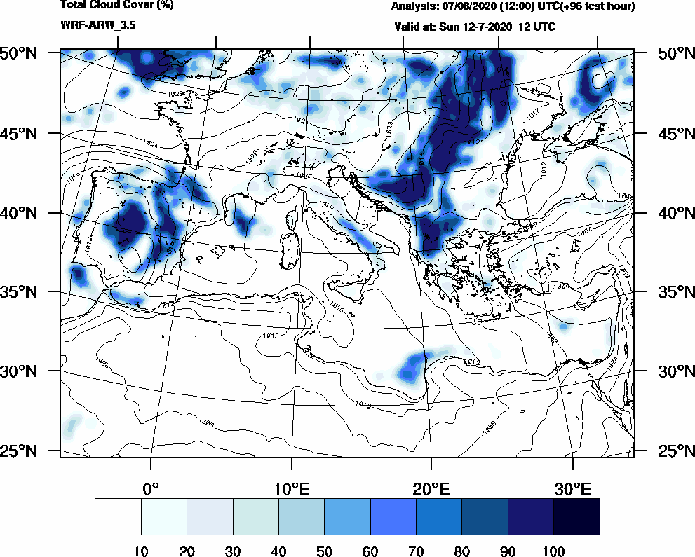 Total cloud cover (%) - 2020-07-12 06:00