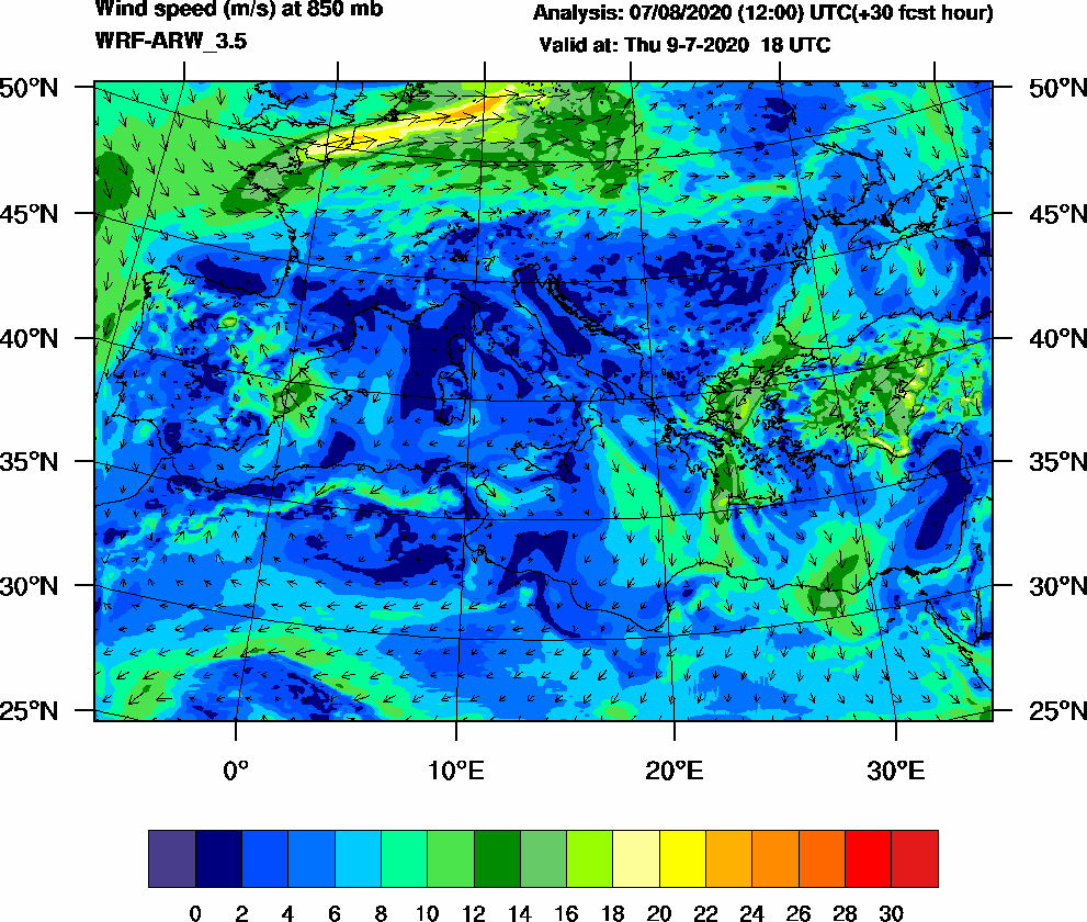 Wind speed (m/s) at 850 mb - 2020-07-09 18:00