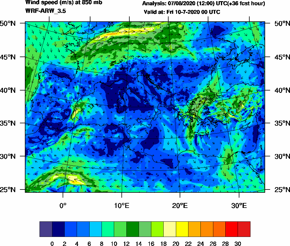 Wind speed (m/s) at 850 mb - 2020-07-10 00:00