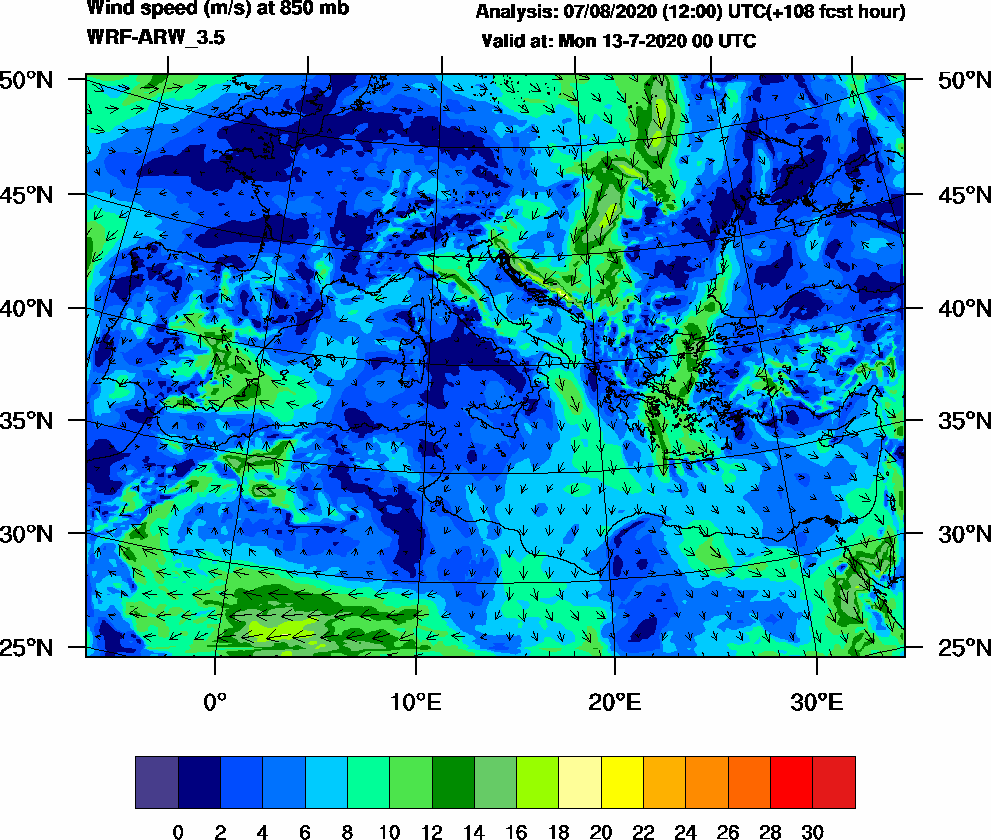 Wind speed (m/s) at 850 mb - 2020-07-13 00:00