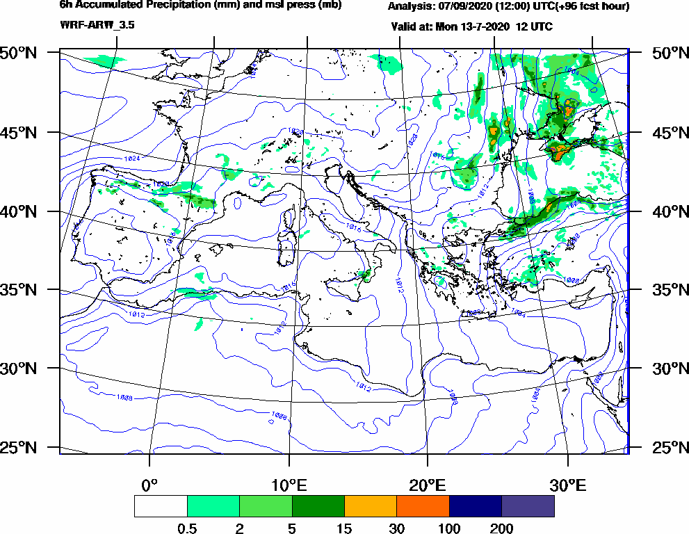 6h Accumulated Precipitation (mm) and msl press (mb) - 2020-07-13 06:00