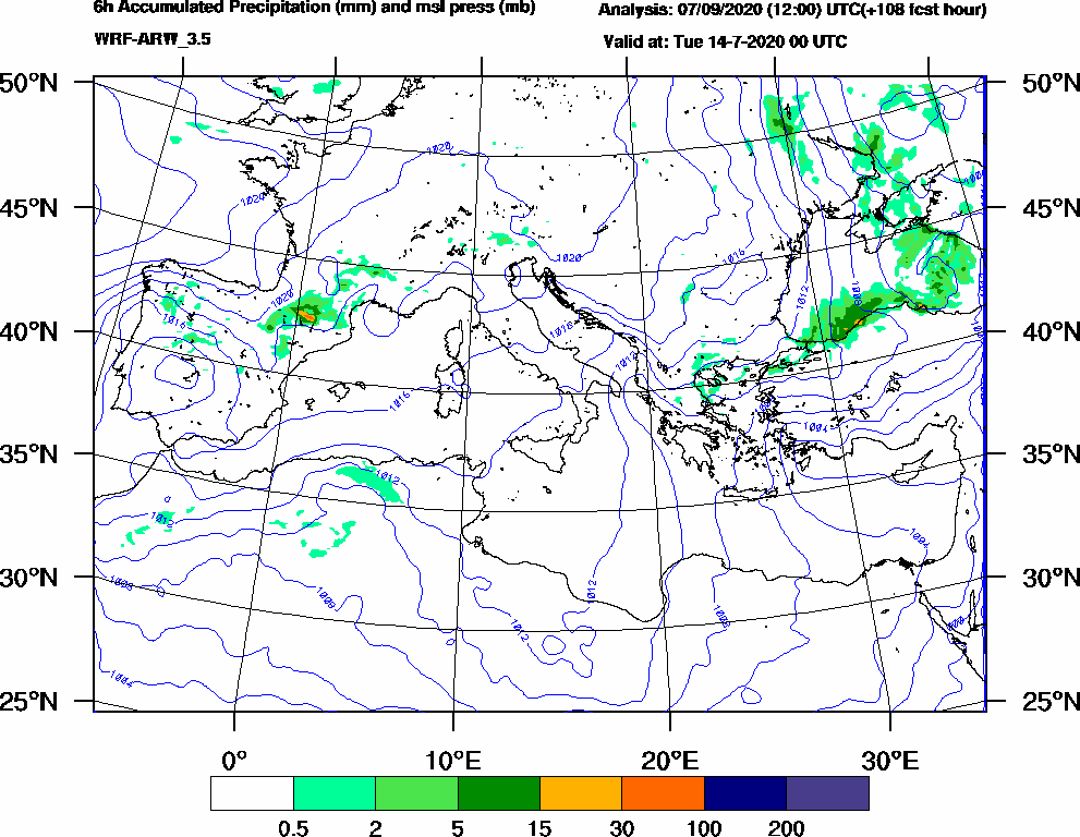 6h Accumulated Precipitation (mm) and msl press (mb) - 2020-07-13 18:00