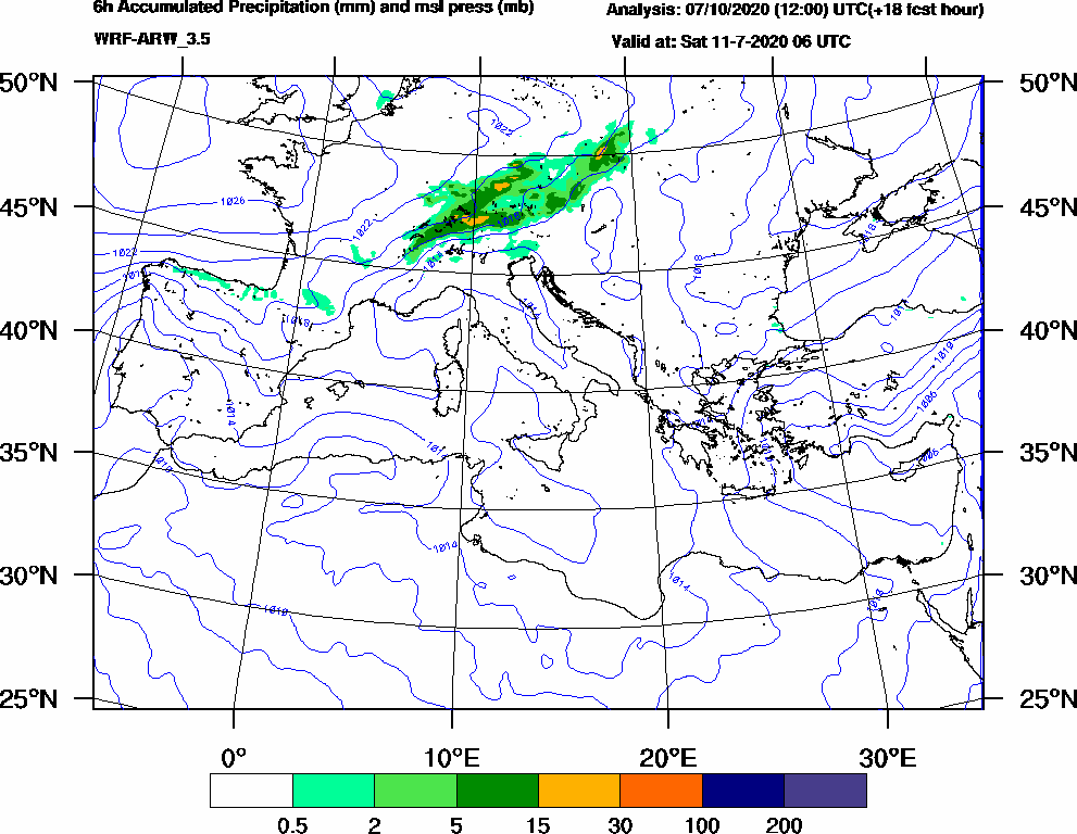 6h Accumulated Precipitation (mm) and msl press (mb) - 2020-07-11 00:00