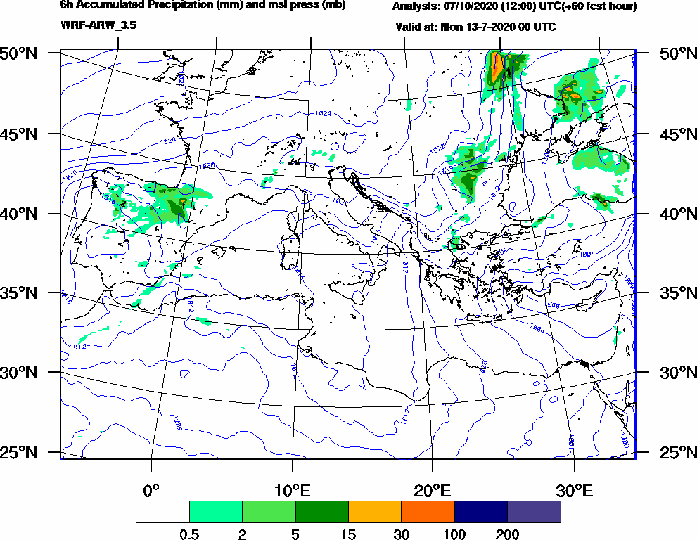 6h Accumulated Precipitation (mm) and msl press (mb) - 2020-07-12 18:00