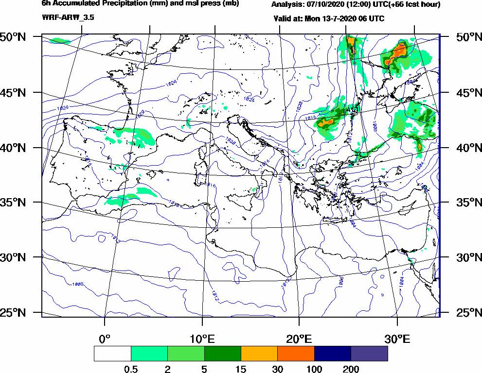 6h Accumulated Precipitation (mm) and msl press (mb) - 2020-07-13 00:00