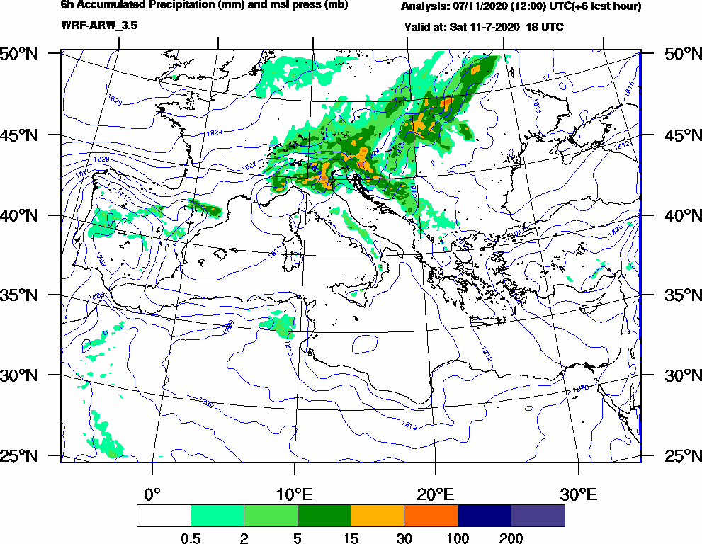 6h Accumulated Precipitation (mm) and msl press (mb) - 2020-07-11 12:00