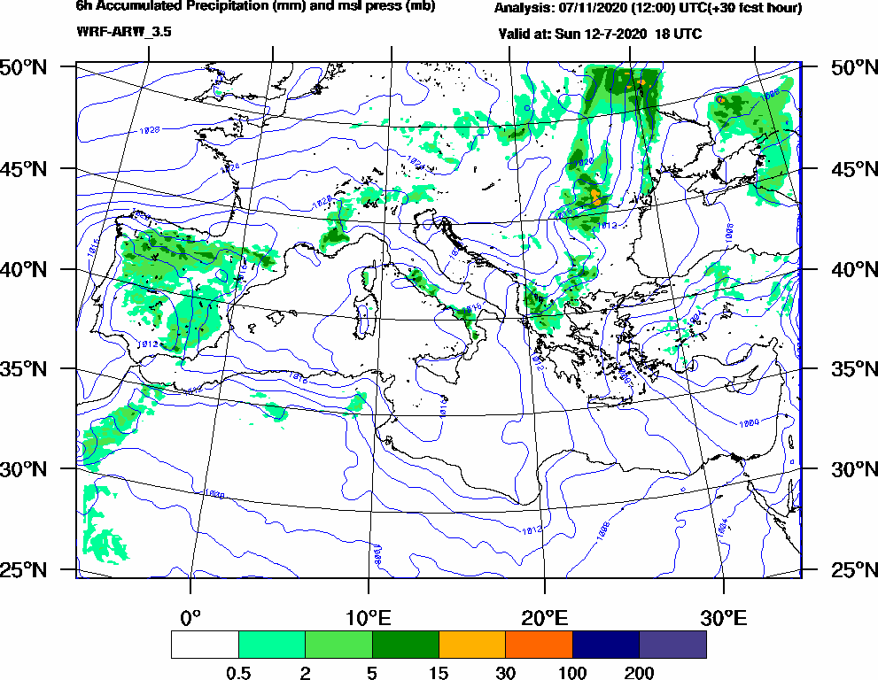 6h Accumulated Precipitation (mm) and msl press (mb) - 2020-07-12 12:00