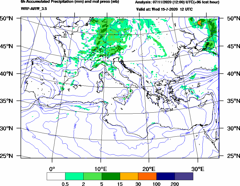 6h Accumulated Precipitation (mm) and msl press (mb) - 2020-07-15 06:00